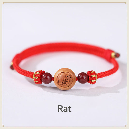 Pulsera de riqueza de cinabrio tallada con caracteres Fu del zodíaco chino de madera de melocotón natural y piedras de Buda