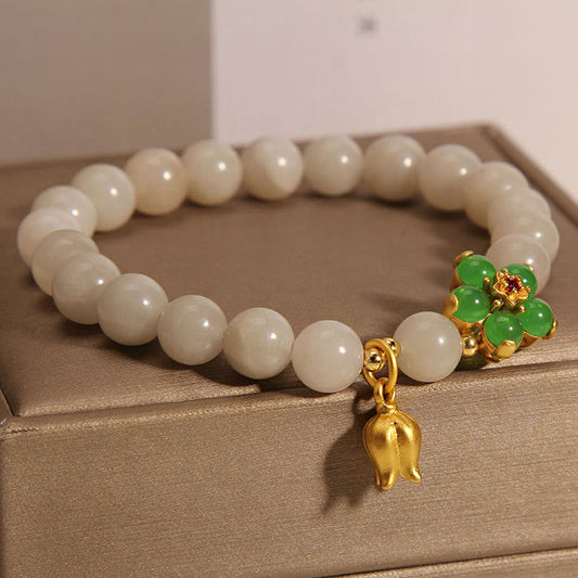 Pulsera de la suerte con lirio de los valles y flor de jade verde natural de Buda