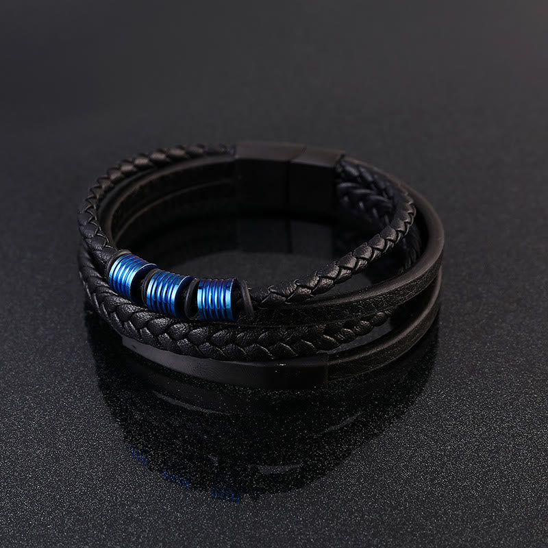 Pulsera trenzada multicapa de cuero y acero de titanio con hebilla magnética y piedras de Buda