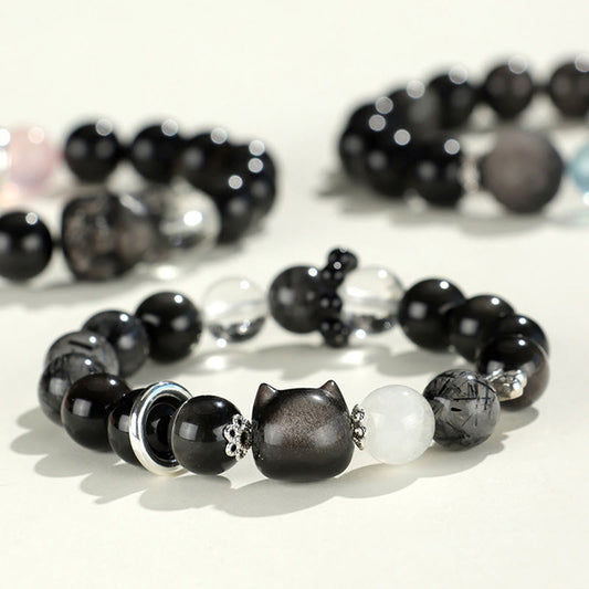 Pulsera de obsidiana con piedras de Buda y brillo de plata natural, con cabeza de gato y zorro, para proteger el planeta.
