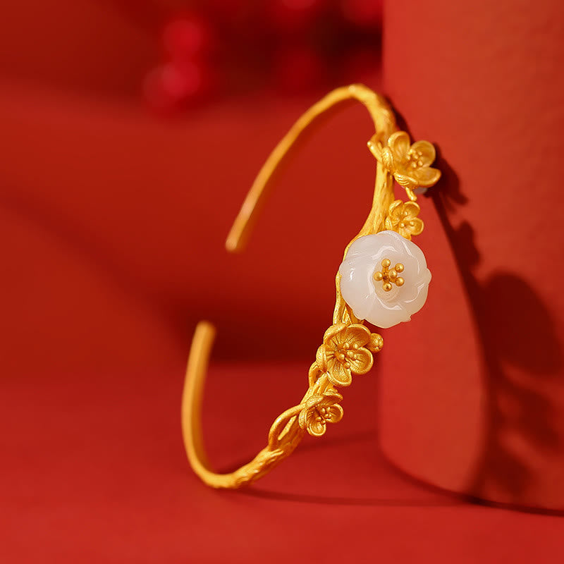 Buddha Stones 925 Sterling Silver Plated Gold Hetian Jade Plum Blossom Luck Necklace Pendant Bracelet Bangle Ring
