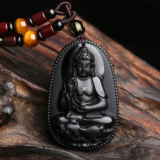 Collar con colgante de obsidiana negra natural con piedras de Buda del zodíaco chino.