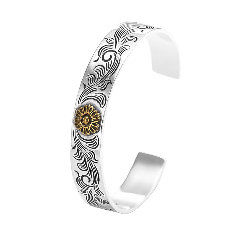Buddha Stones Tang Dynastie Blumendesign Rose Blume Feder geschnitzt Kupfer Glück Armband Armreif