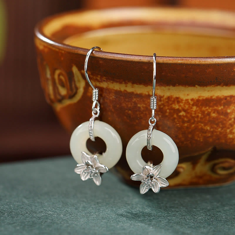 Pendientes de plata de ley 925 con piedras de Buda, jade hetiano, hebilla de la paz y orquídea de la prosperidad