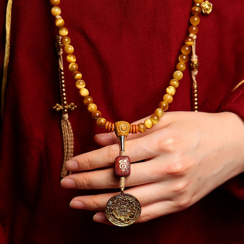 Buddha Stones 108 Mala-Perlen, natürliches Tigerauge, Kupfer, Dorje-Schutz, Quastenarmband