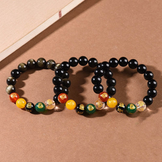 Pulsera de piedras de Buda con brillo dorado, obsidiana arcoíris, obsidiana negra y cinco direcciones de los dioses de la riqueza.