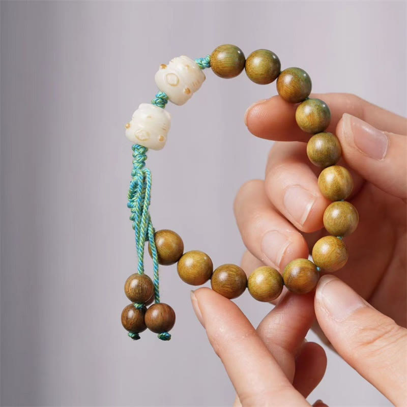 Pulsera positiva con semillas de bodhi de sándalo verde y piedras de Buda, gato de la suerte