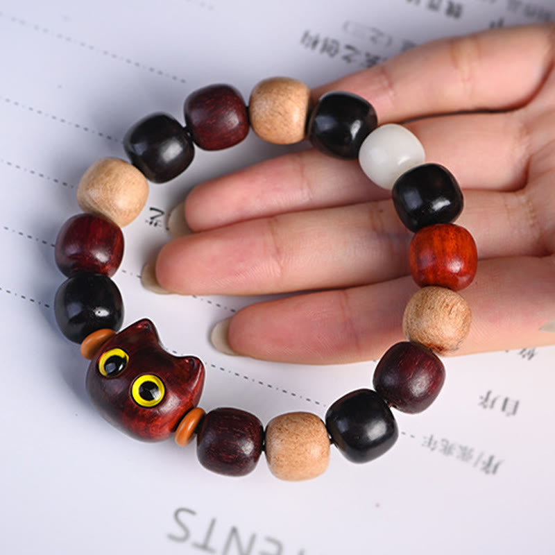 Pulsera de protección con piedras de Buda, hoja pequeña, sándalo rojo, madera de ébano y gato grabado