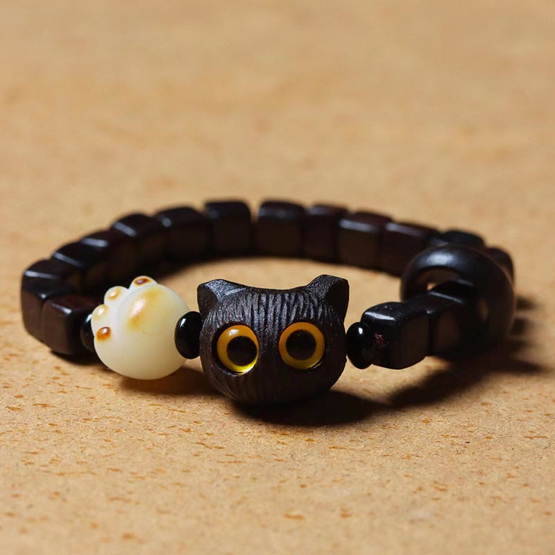 Pulsera de cuentas cuadradas con garra de pata y semillas de bodhi de gato, de madera de ébano y piedras de Buda