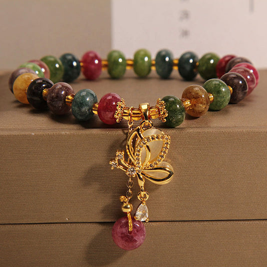 Pulsera de sabiduría con dije de mariposa y turmalina colorida de piedras de Buda
