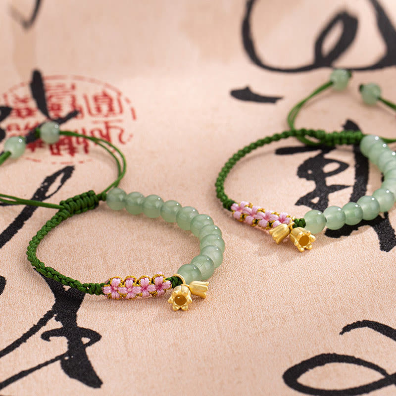 Pulsera trenzada con cuentas de jade de Buda, hecha a mano, con amuleto de lirio de los valles y la suerte