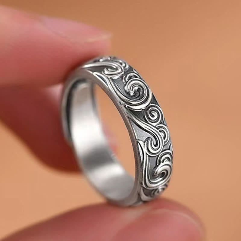 Buddha Stones 999 Sterling Silber Glücksverheißende Wolken graviert Segen verstellbarer Ring