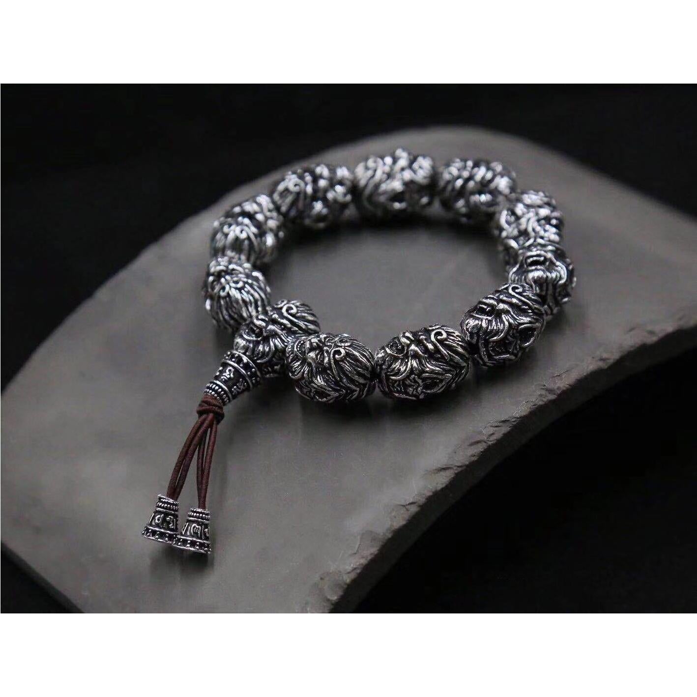 Vintage Men's Silver Bracelet Sun Wukong Fighting Buddha Beaded Bracelet - Touch Bling