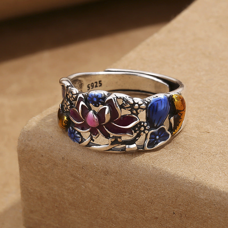 Anillo de la suerte y la riqueza con diseño de hoja de flor de loto y pez koi de Buda