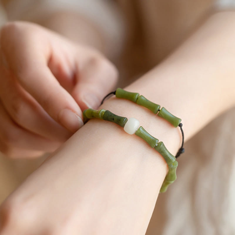 Pulsera de la suerte y la abundancia con diseño de jade y bambú verde y piedras de Buda