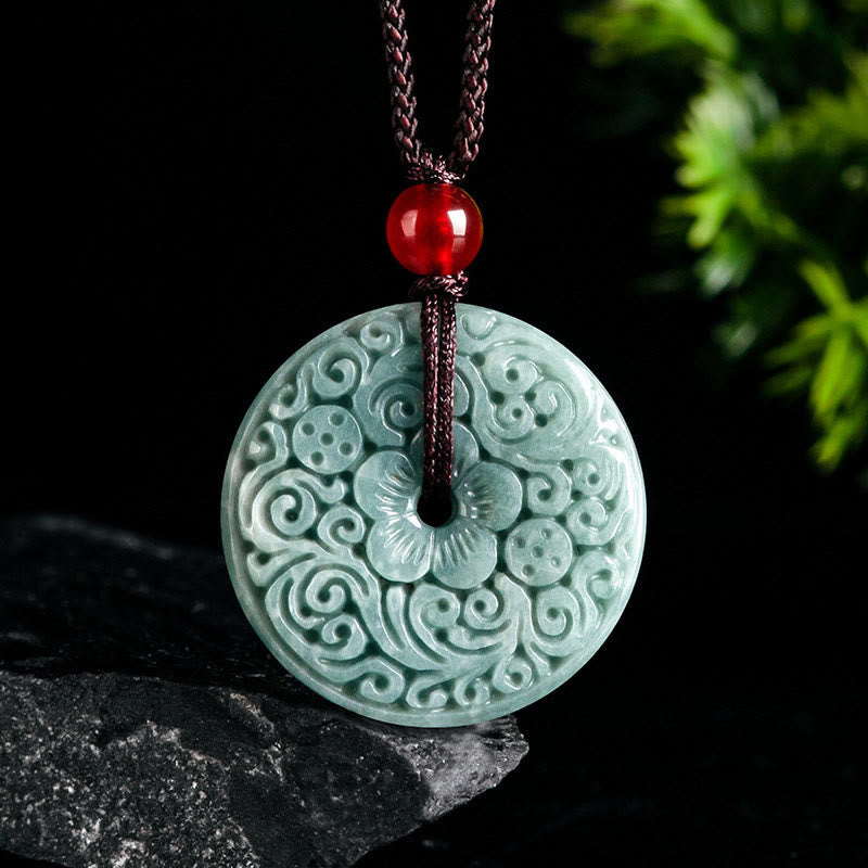 Collar con colgante de la abundancia con hebilla de la paz y flor de jade verde tallada con piedras de Buda
