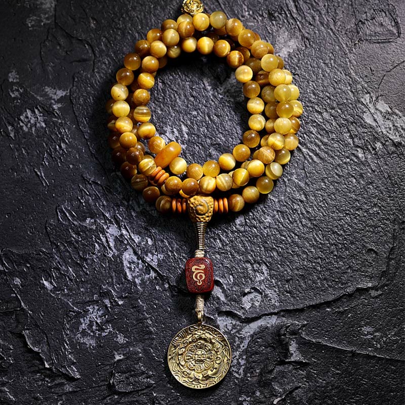 Buddha Stones 108 Mala-Perlen, natürliches Tigerauge, Kupfer, Dorje-Schutz, Quastenarmband