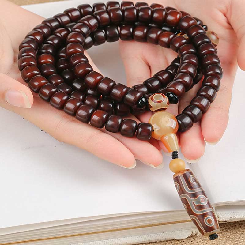 Pulsera de jade de la suerte con 108 cuentas Mala, cuentas Dzi de tres ojos y cuentas Dzi de nueve ojos.