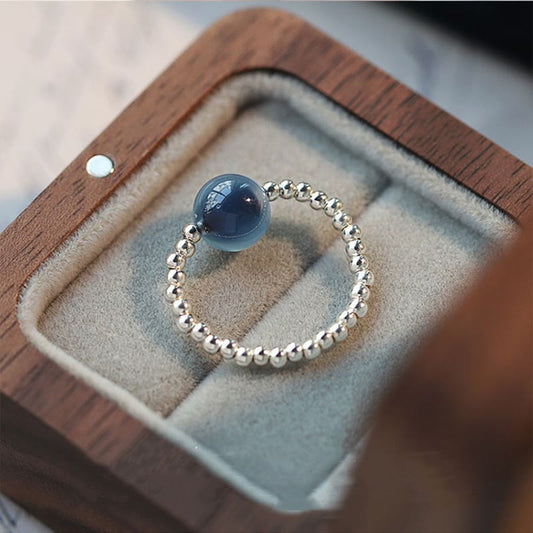 Anillo de cuentas curativas de ágata azul caramelo de plata de ley 925 con piedras de Buda