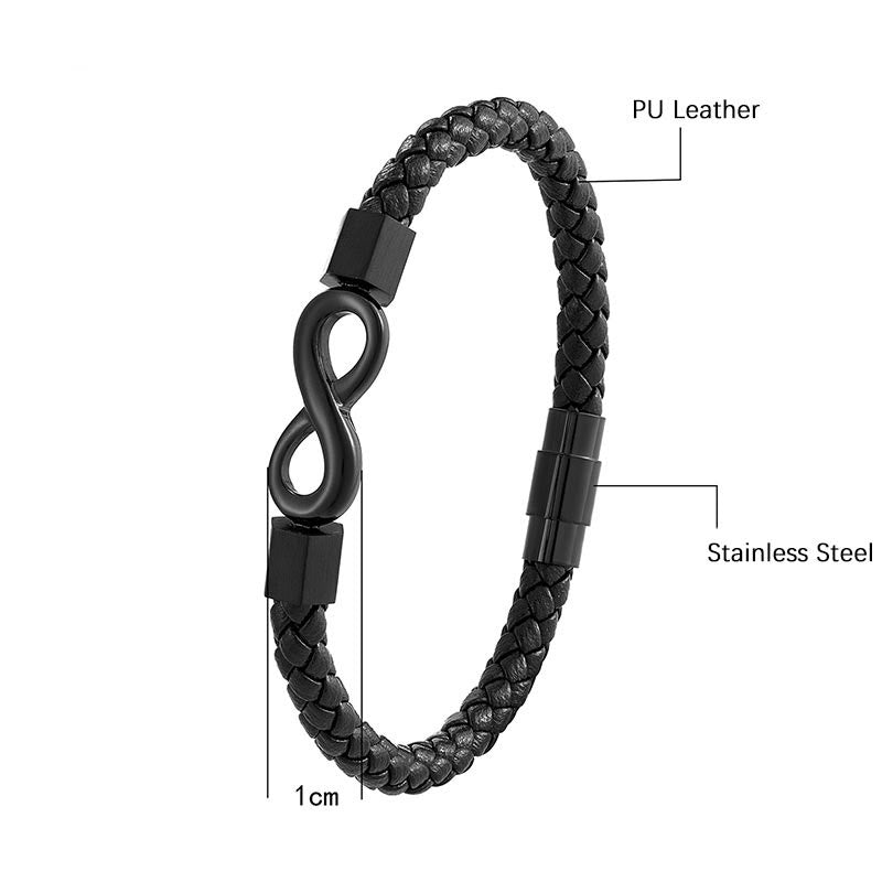 Pulsera de equilibrio con nudo infinito de piedras de Buda, acero de titanio y cuero trenzado.