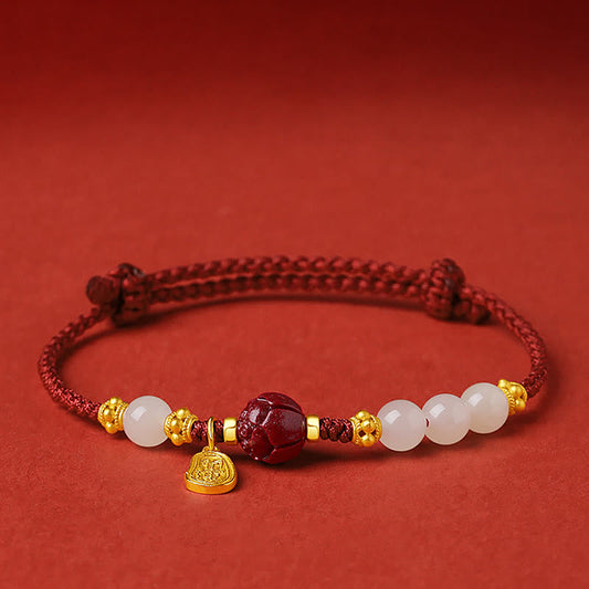 Pulsera de cuerda de la suerte con piedras de Buda, jade blanco hetiano, cinabrio y loto, chapada en oro de 24 quilates