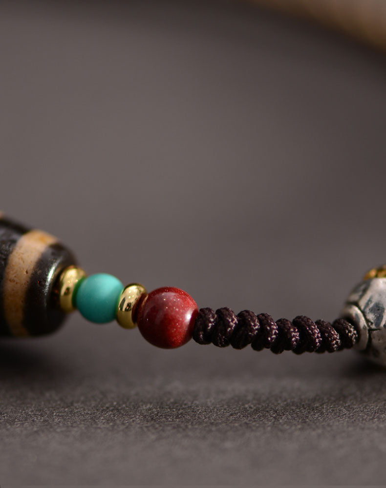 Handwoven Dzi Beads Necklace Tibetan Nine-Eyed Dzi Stone Beads Pendant