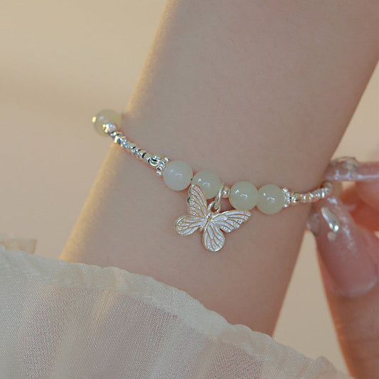 Pulsera con dije de mariposa de la suerte de jade hetiano natural de plata de ley 925 con piedras de Buda