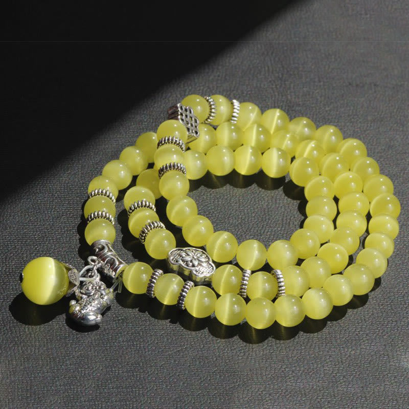 Pulsera triple vuelta con soporte PiXiu de ojo de gato y piedras de Buda