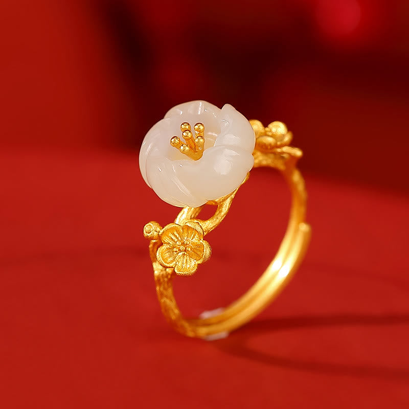 Buddha Stones 925 Sterling Silver Plated Gold Hetian Jade Plum Blossom Luck Necklace Pendant Bracelet Bangle Ring