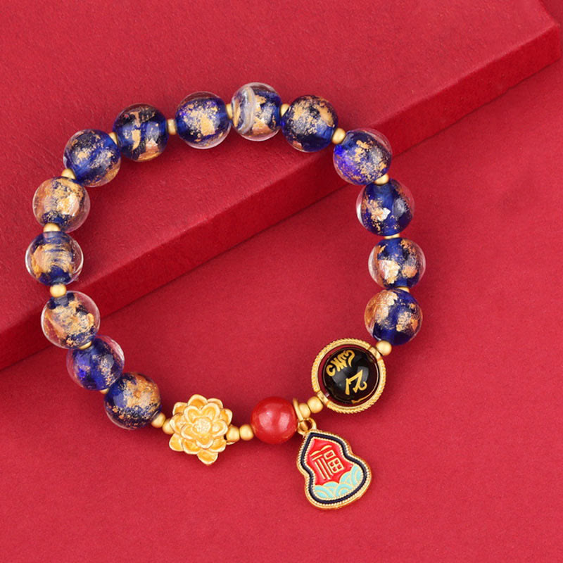 Pulsera de la suerte con cuentas de vidrio de loto y liuli con abalorios de calabaza del Tíbet con el símbolo Om Mani Padme Hum Fu de Buda