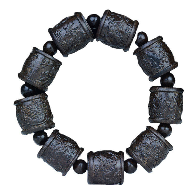 Pulsera de equilibrio con grabado de dragón de loto y dieciocho arhats de madera de ébano y piedras de Buda