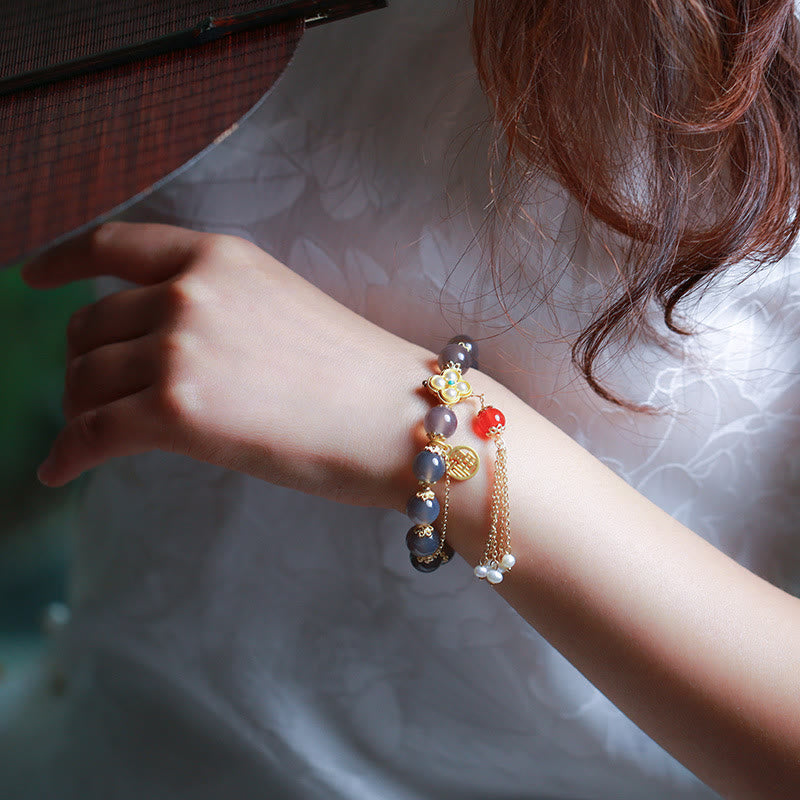 Pulsera de equilibrio con borlas de perla y ágata gris natural de Buda