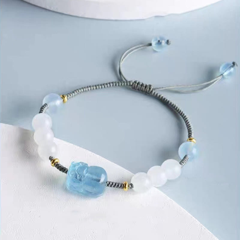 Pulsera curativa de jade blanco PiXiu Hetian con aguamarina natural y piedras de Buda