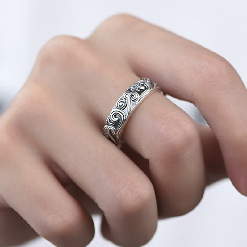 Buddha Stones 999 Sterling Silber Glücksverheißende Wolken graviert Segen verstellbarer Ring