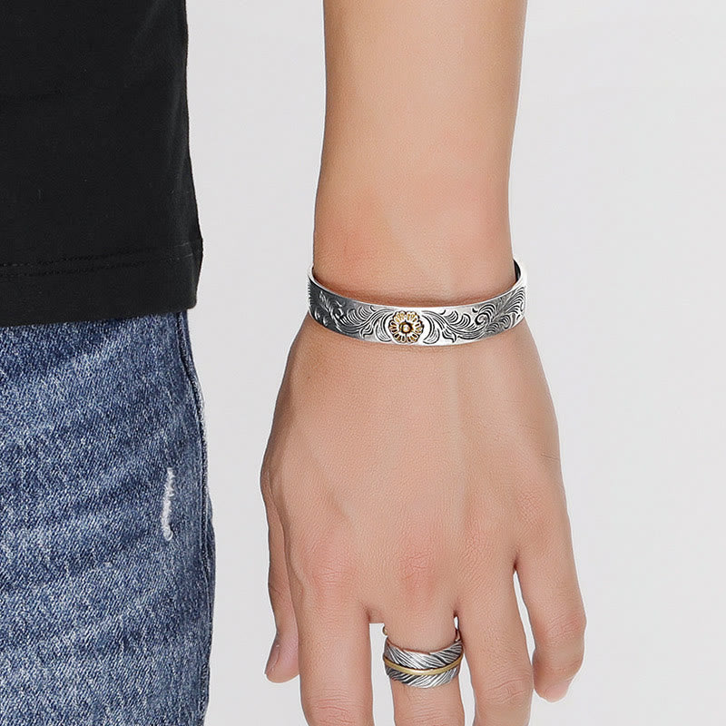 Buddha Stones Tang Dynastie Blumendesign Rose Blume Feder geschnitzt Kupfer Glück Armband Armreif