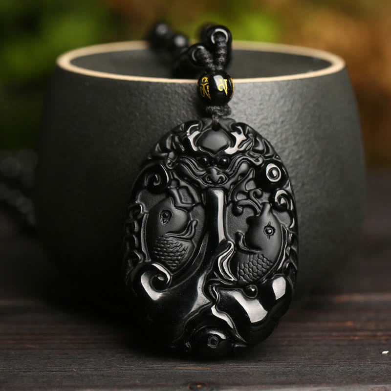 Collar con colgante de piedra de Buda, obsidiana negra, pez koi, cuerda de cuentas, fuerza de cumplimiento