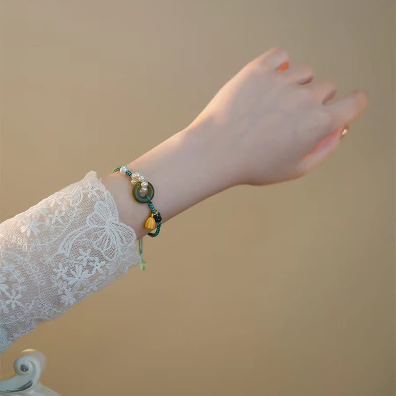 Buddha Stones Natürliche Hetian Jade Peace Buckle Pearl Luck Handgefertigtes geflochtenes Armband