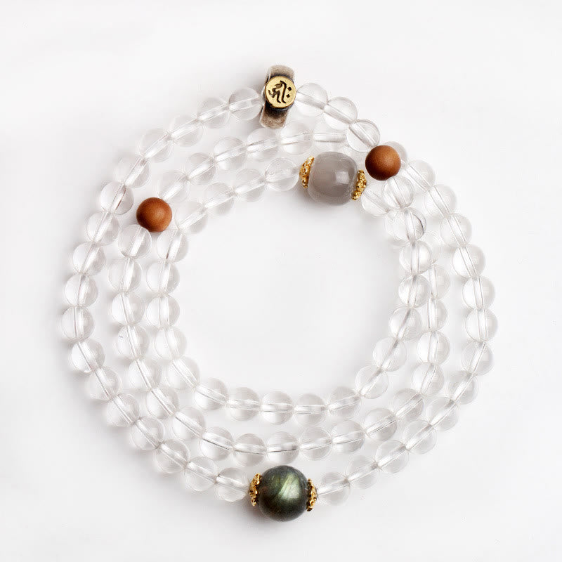 Buddha Stones 925 Sterling Silber Chinesisches Sternzeichen Natal Buddha Weißer Kristall Meditation Dreifach Wickelarmband