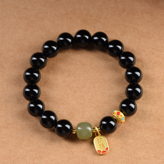 Buddha Stones Schwarzer Onyx Hetian Jade Perle Glücksbringer Armband