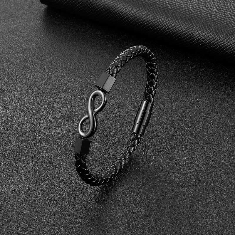 Pulsera de equilibrio con nudo infinito de piedras de Buda, acero de titanio y cuero trenzado.