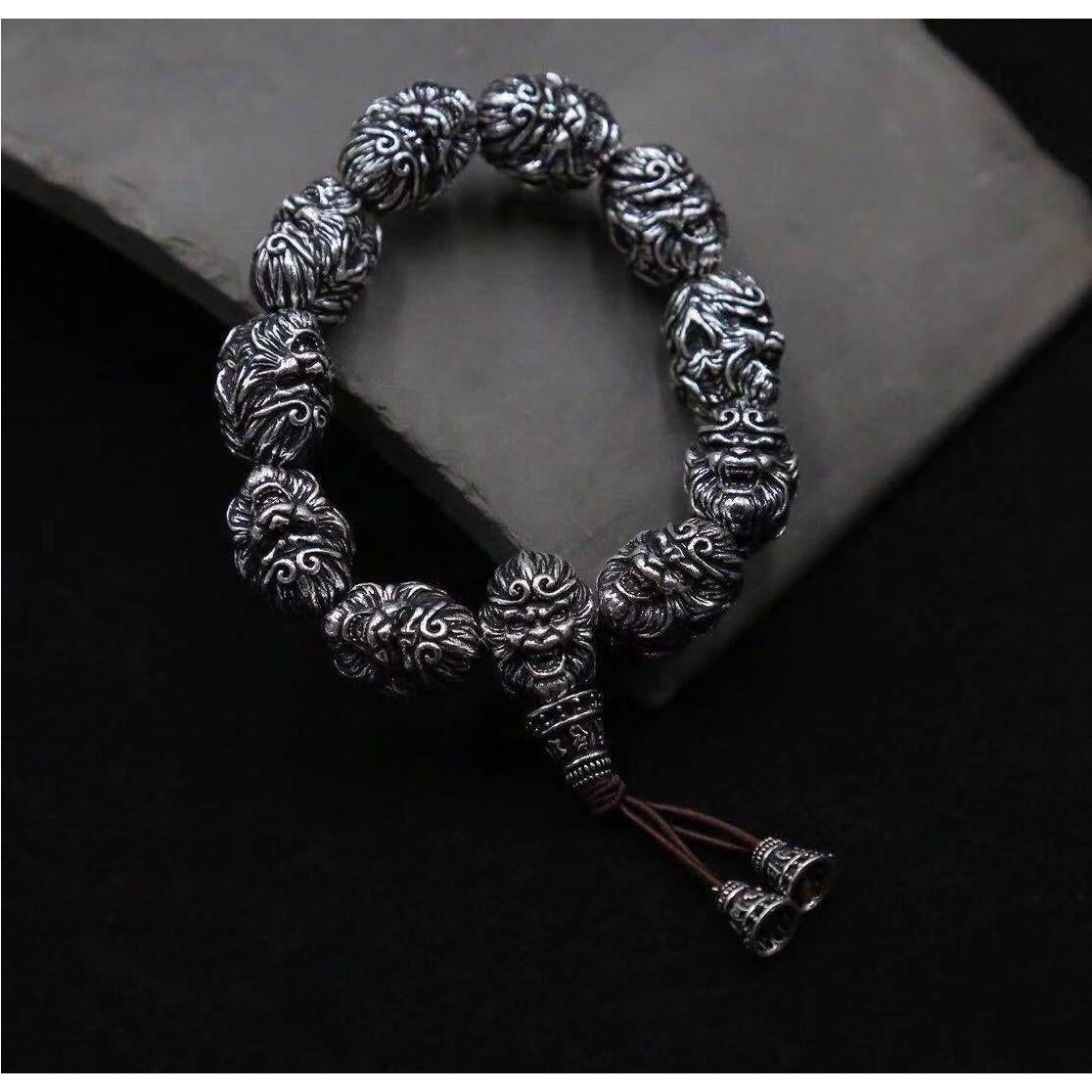 Vintage Men's Silver Bracelet Sun Wukong Fighting Buddha Beaded Bracelet - Touch Bling
