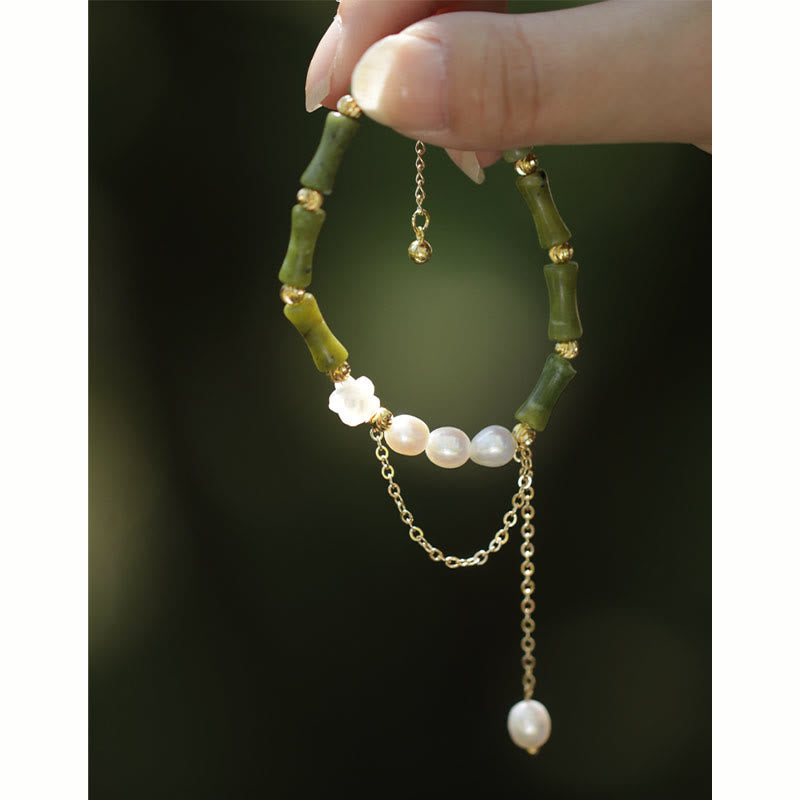 Pulsera de la riqueza con piedras de Buda, bambú verde, jade y lirio de los valles