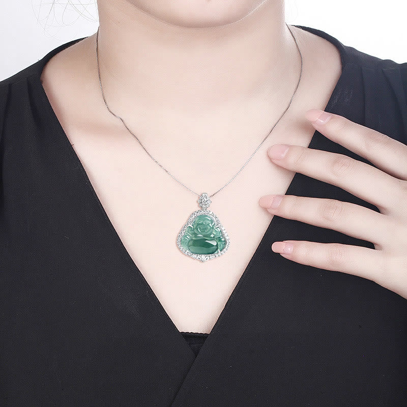Collar con colgante de Buda sonriente de plata de ley 925 con piedras de Buda y jade natural para la suerte y la abundancia.