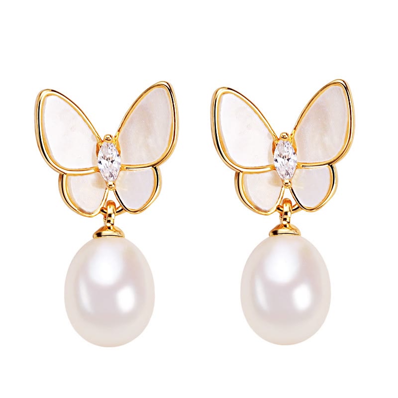 Pendientes de botón con diseño de mariposa optimista de Buddha Stones, de plata de ley 925, con postes y perla de cobre bañada en oro de 18 quilates.