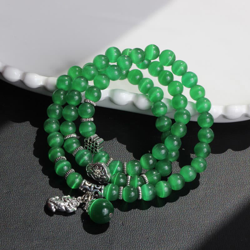 Pulsera triple vuelta con soporte PiXiu de ojo de gato y piedras de Buda
