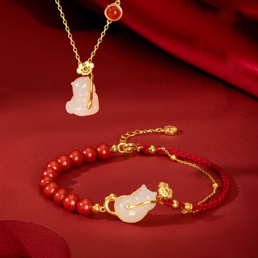 Pulsera, collar y colgante con piedras de Buda, chapado en oro de 18 quilates, jade hetiano, ruyi, gato, cinabrio, suerte