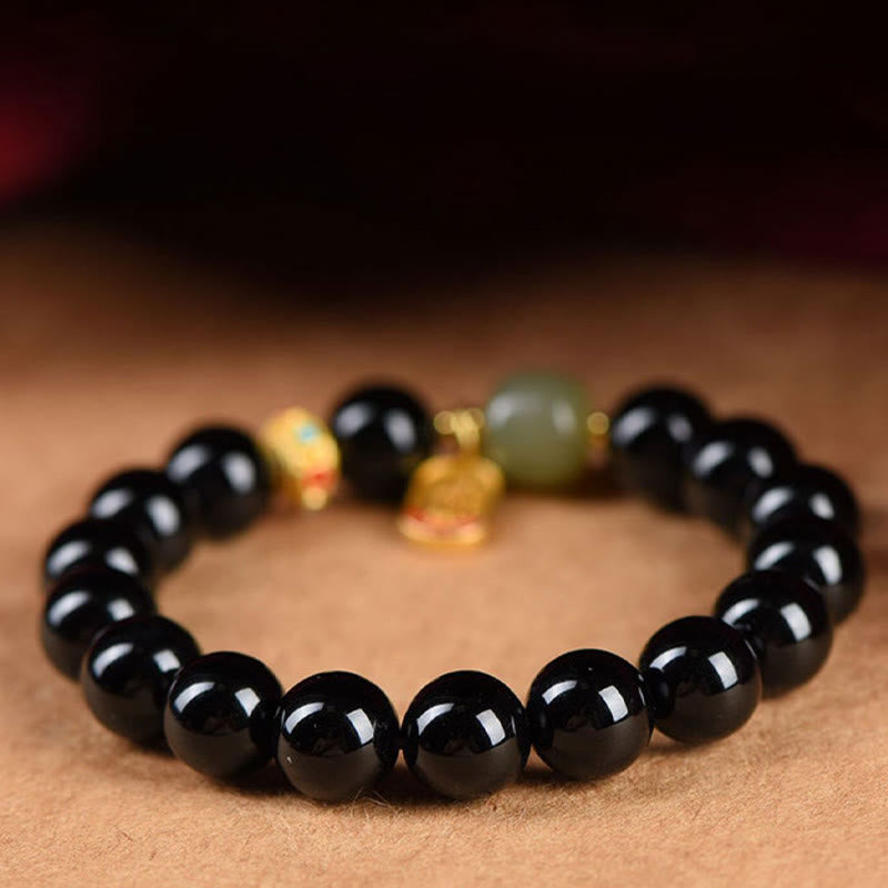 Pulsera de amuleto de la suerte con cuentas de jade hetiano de ónix negro y piedras de Buda
