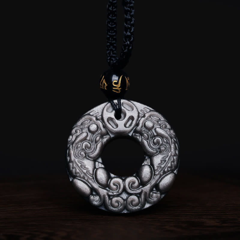 Collar con colgante de obsidiana con doble PiXiu, moneda de cobre, hebilla de paz y protección, con piedras de Buda y brillo de plata natural