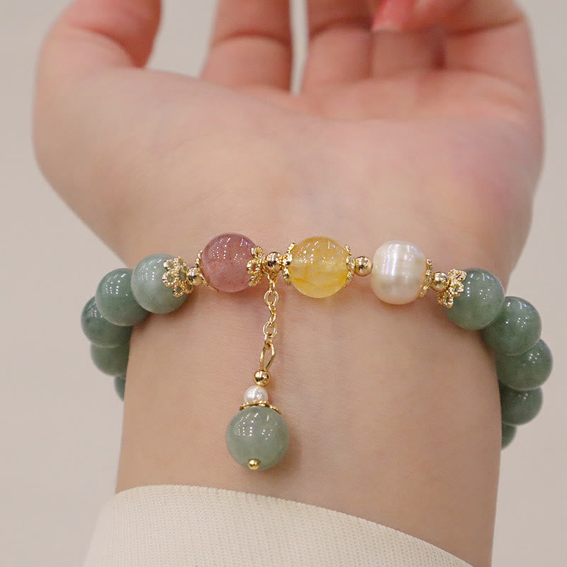 Pulsera de cuentas de Buda con jade, perla, cuarzo fresa y amuleto de la suerte
