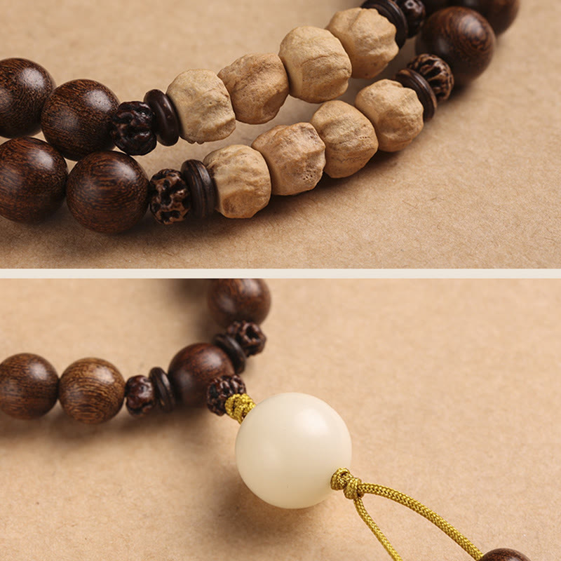 Pulsera de doble vuelta con semillas de Bodhi y sándalo rojo de hoja pequeña con piedras de Buda y sándalo